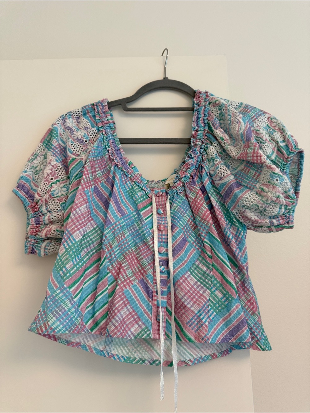 LoveShackFancy Pastel Plaid Puff Sleeve Blouse - Pink, Green, Blue